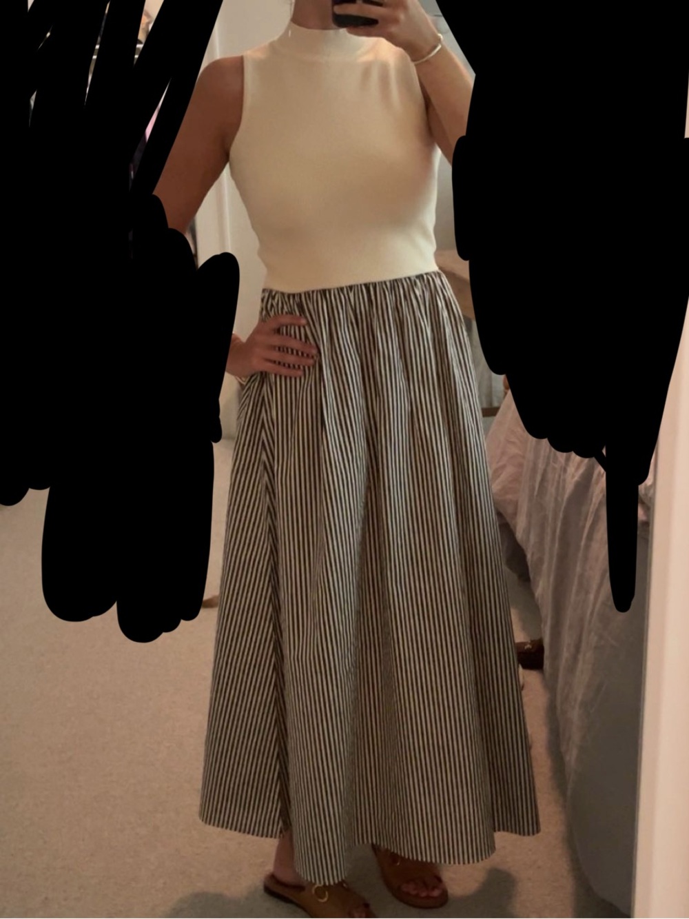 Mixed Media Sleeveless mock neck knit/striped cotton brown and cream maxi dress